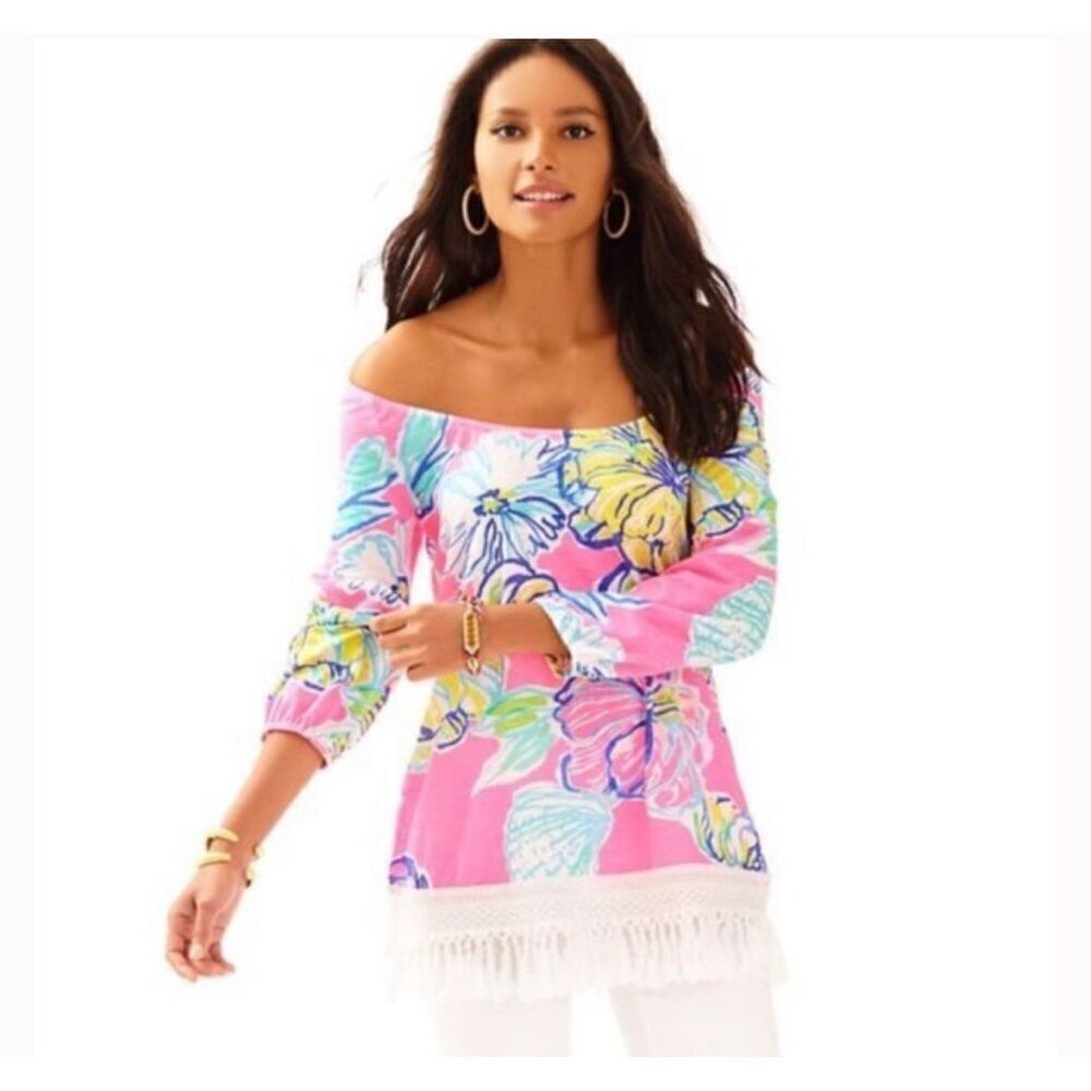 Lilly Pulitzer Multicolored Floral Fringe Blouse Top Size Small Hibiscus Print
